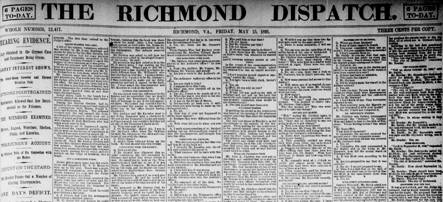 the Buford Grymes trail occupied all eight columns on the front page of The Richmond Dispatch on May 15, 1891