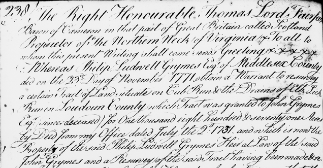 1773 land grant issued by Lord Fairfax to Philip Grymes